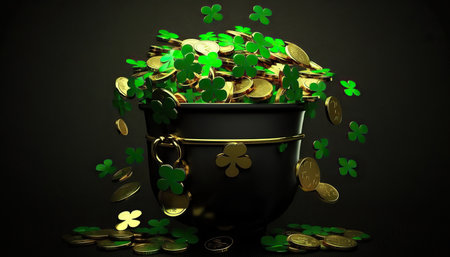 St. Patrick's day greeting card with pot full of golden coins and green clover shamrock leaves. horizontal holiday banner. AI generative image.の素材