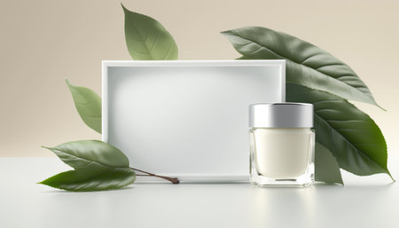 Beauty skincare cream in empty clean glass jar mockup on green leaves and frame with copy space background, organic cosmetic product. horizontal background. advertising poster. AI generative image.の素材