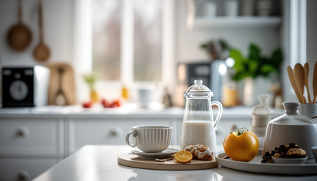 Comfortable spacious modern kitchen. white colors. Breakfast time sunlight indoor horizontal background. Cozy interior. AI generative image.の素材