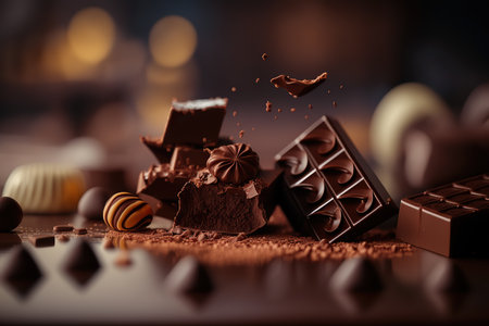 Close up different dark and milk chocolate bars and candies, confectionary products indoor horizontal background. Tasty delicious food. AI generative image.の素材
