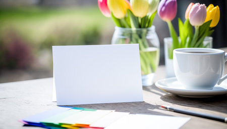 Close up outdoor background with wooden table empty clean mockup paper card and tulip bouquet, bright spring sunny day light. White horizontal cardboard table with copy space. AI generative image.の素材