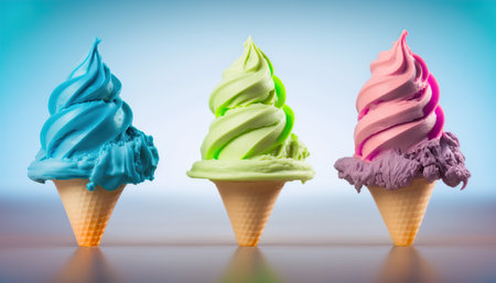 Advertising horizontal banner with different flavored ice cream cones on abstract background with copy space. AI generative image.の素材