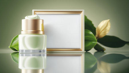 Beauty skincare cream in empty clean glass jar mockup on green leaves and frame with copy space background, organic cosmetic product. horizontal background. advertising poster. AI generative image.の素材