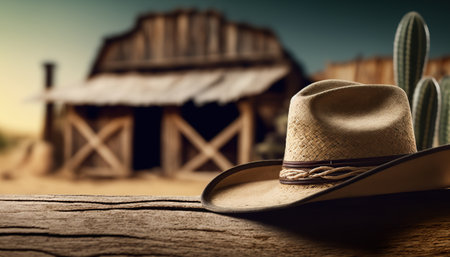 Rural horizontal background with close up cowboy hat. Rustic outdoor backdrop. AI generative image.の素材