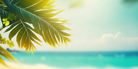 Beautiful summer time banner with tropical palm tree leaves and blurred ocean sandy coast, beach background. Banner with copy space on outdoor backdrop. AI generative image.の素材
