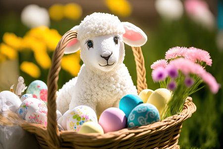 Adorable Easter lamb in a basket, spring holiday concept Selective focus.. AI generated image.の素材