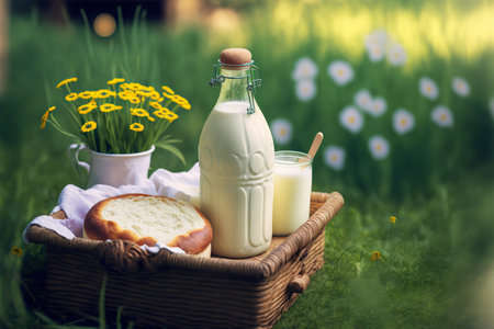 Delicious fresh farm food in a basket on nature outdoor background. AI generated image.の素材