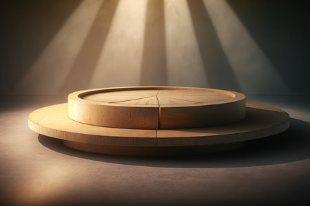Cylindrical wooden podium or showcase pedestal. Minimal eco style round platform for product display. mockup. AI generative image.の素材