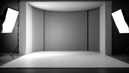 Illustration of empty clean professional photo studio with lights. Horizontal indoor background with copy space. Generative AI image.の素材