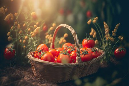 Delicious fresh tomato vegetables in a basket on nature background, healthy diet. AI generated imageの素材