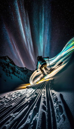 Extreme jumping skier with big snow cloud in a long exposure motion. Fantastic night sky with stars and Nortern lights. Extreme sport vertical background. AI generative image.の素材