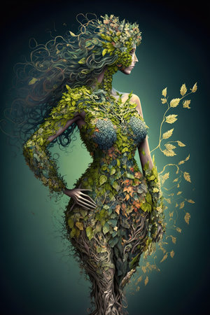 Portrait of beautiful mother nature maiden illustration. Mythology character. Elegant dryad woman. Magical forest nymph. Ecology green power concept. Fairy tale naiad girl. AI generative image.の素材