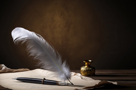 Old paper with goose feather and inkpot. AI generated picture.の素材
