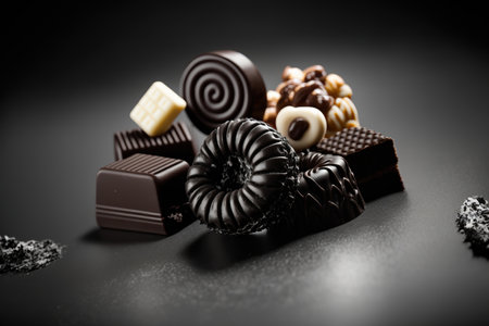 Different close up delicious chocolate candies. sweets. AI generative picture.の素材
