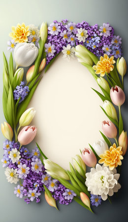 Springtime different flowers round border frame with copy space in the middle. beautiful floral background. greeting card template. AI generative image.の素材