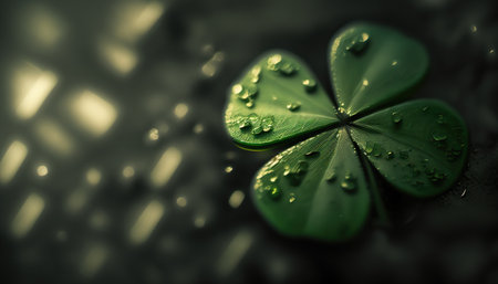 Lucky green four leaf clover, st. Patrick's day holiday background with copy space. Horizontal greeting banner template. AI generative image.の素材