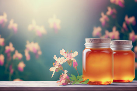 Apiary honey concept backdrop with copy space. AI generated picture.の素材