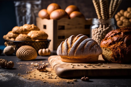 Different baked goods still life illustration. AI generated picture.の素材