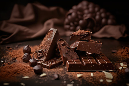 Close up different dark and milk chocolate bars and candies, confectionary products indoor horizontal background. Tasty delicious food. AI generative image.の素材