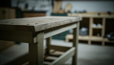 Carpentry workshop spacious studio with wooden table. Horizontal indoor background with copy space. AI generative image.の素材