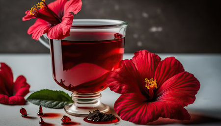 Red hibiscus hot herbal tea with flowers on background. horizontal background. AI generative image.の素材