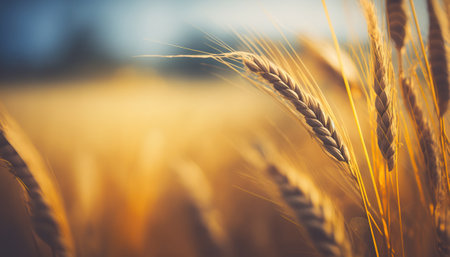 Close up rural scene with golden ripe ears of rye or wheat. Outdoor agricultural horizontal background with copy space. AI generative image.の素材