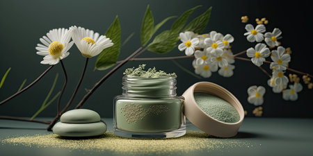 Closeup of various organic cosmetic products and springtime flowers on bright background. show case. natural beauty care concept. horizontal banner. AI generative image.の素材