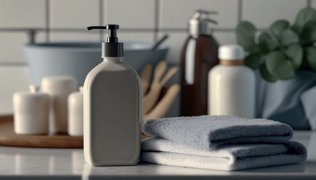 Liquid soap bottle with towels mockup. Indoor cozy background. AI generative image.の素材