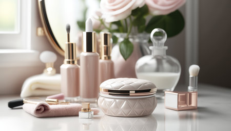 Beautiful luxury bright bathroom table with decorative and body care cosmetic products, flowers and mirror. indoor horizontal background. AI generative image.の素材