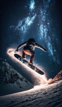 Snowborder doing trick on amazing starry night sky. Winter background, extreme sport illustration. Vertical splash screen template. AI generative image.の素材