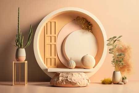 Abstract minimal product display podium or showcase with organic, herbal elements. horizontal format. Springtime ad layout. AI generative picture.の素材