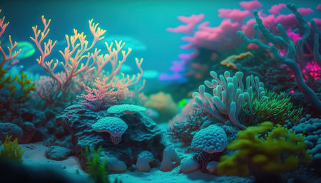 Beautiful underwater scene with coral reef ocean bottom horizontal background. tropical marine nature backdrop. AI generative image.の素材
