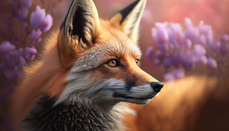 Beautiful wild red fox portrait on springtime outdoor nature background. AI generative image.の素材