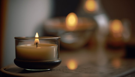 Close up candle burning on dark blurred background. decorative element. Morning symbol illustration. horizontal banner. AI generative image.の素材