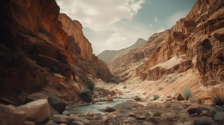 Picturesque view of the canyon. Beautiful landscape with red ground vale. Wild nature outdoor horizontal background. AI generative image.の素材