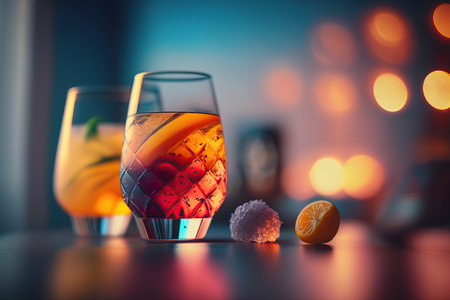 Different cocktails on counter with blurred bar background. horizontal format. AI generative images.の素材