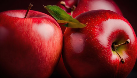 Horizontal banner with close up red ripe delicious apples. fresh fruit. Organic healthy food. AI generative image.の素材