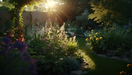 Beautiful rural sunny garden at sunset light. outdoor horizontal background. AI generative image.の素材