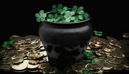 St. Patrick's day greeting card with pot full of golden coins and green clover shamrock leaves. horizontal holiday banner. AI generative image.の素材