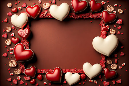 St. Valentine greeting card layout with sweets like hearts and empty place for text. AI generated picture.の素材