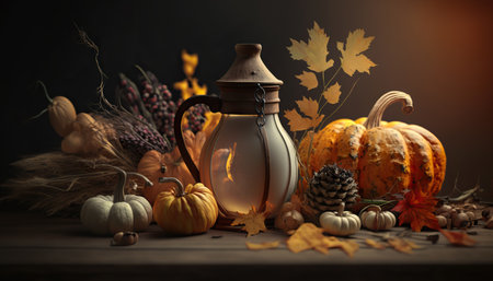 Autumn season harvest concept. Rural still life with seasonal vegetables and decorative elements. horizontal format. AI generative image.の素材