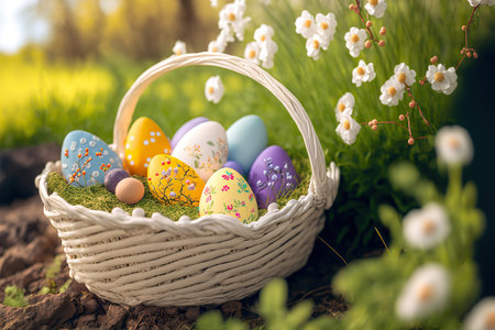 Basket with painted Easter eggs, floral nature background. selective focus. AI generated image.の素材
