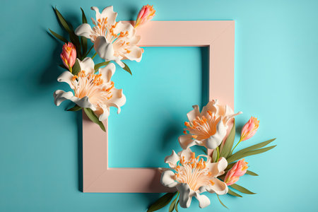 Greeting card template with copy space. Floral border with blank place for text. AI generated image.の素材