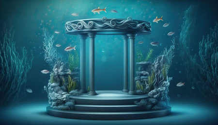 Abstract minimal podium product display, underwater scene, horizontal format. AI generative image.の素材