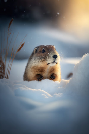 Groundhog day greeting card with copy space. February winter holiday. AI generative picture.の素材