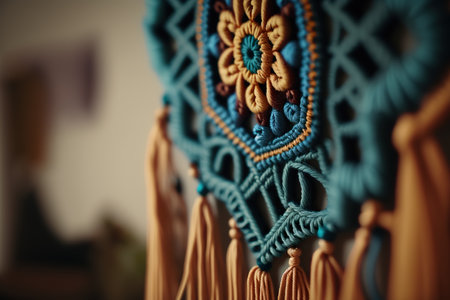 Close up illustration of beautiful hand made macrame, popular knitting hobby. Decorative element, indoor horizontal background with copy space. AI generative image.の素材