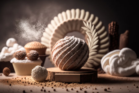 Assorted fresh bakery and pastry confectionery products. Loaves of bread, and sweet buns. AI generative image. Different baked goods still life illustration. AI generated picture.の素材