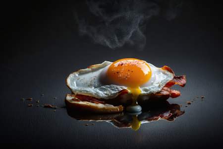 Close up fried egg with bacon. Food for breakfast concept. AI generative image.の素材