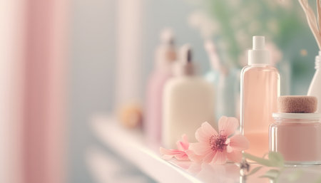 Beautiful spa concept pink background. Natural organic skin and body care cosmetic products. Indoor horizontal background with copy space. AI generative image.の素材
