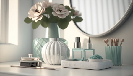 Beautiful luxury bright bathroom table with decorative and body care cosmetic products, flowers and mirror. indoor horizontal background. AI generative image.の素材